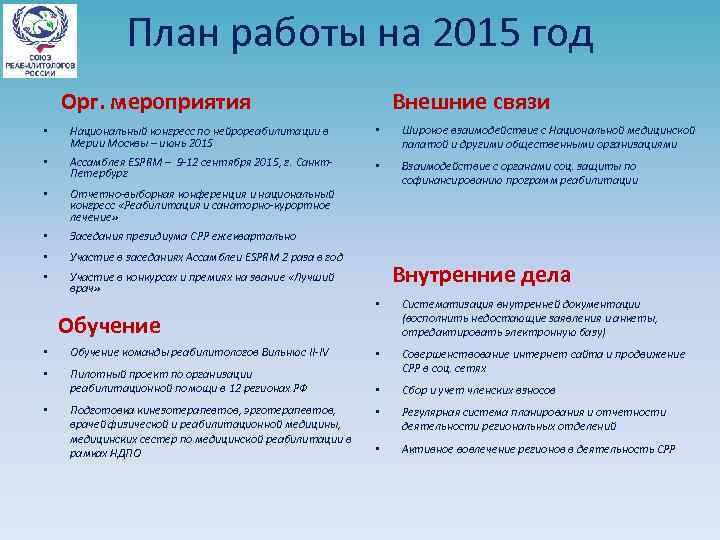 План работы на 2015 год Орг. мероприятия Внешние связи • Национальный конгресс по нейрореабилитации