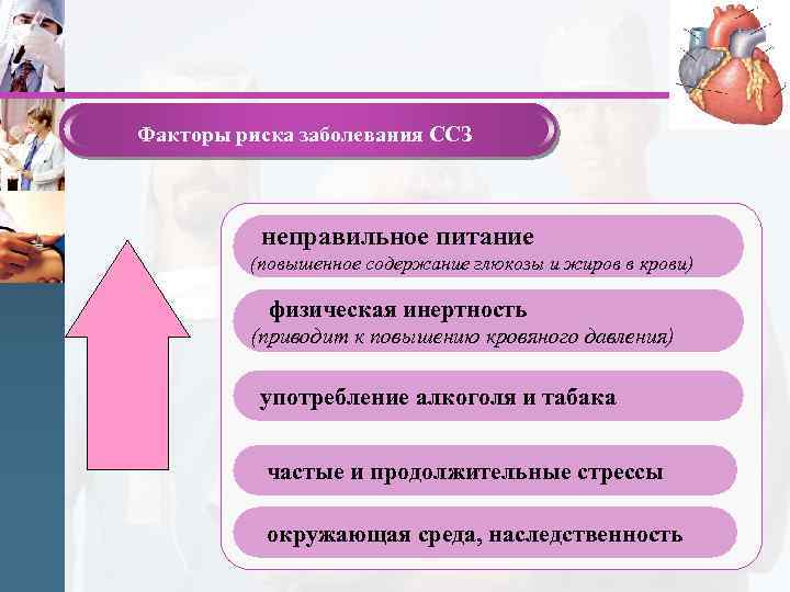 Факторы риска заболевания ССЗ неправильное питание (повышенное содержание глюкозы и жиров в крови) физическая