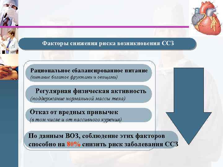 Факторы снижения риска возникновения ССЗ Рациональное сбалансированное питание (питание богатое фруктами и овощами) Регулярная