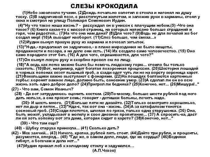 СЛЕЗЫ КРОКОДИЛА (1)Небо заволокло тучами. (2)Дождь печально колотил в стекла и нагонял на душу