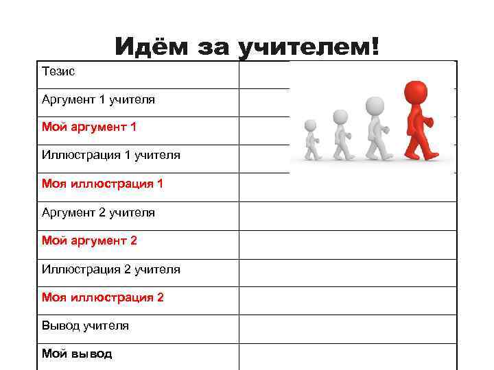 Идём за учителем! Тезис Аргумент 1 учителя Мой аргумент 1 Иллюстрация 1 учителя Моя