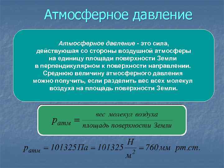 Атмосферное давление - это сила, действуюшая со стороны воздушной атмосферы на единицу площади поверхности
