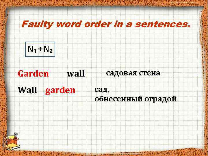 Faulty word order in a sentences. N₁+N₂ Garden wall Wall garden садовая стена сад,