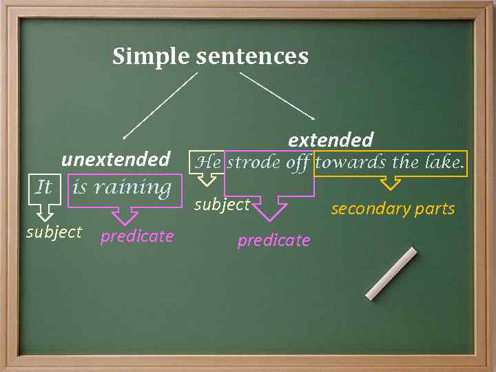 Simple sentences unextended It is raining subject predicate extended He strode off towards the