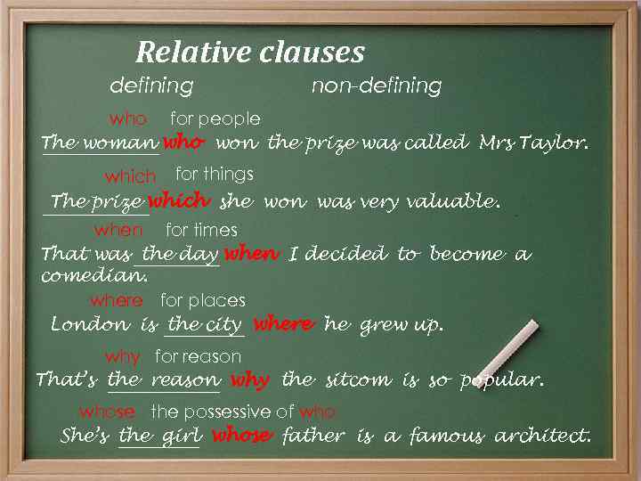 Relative clauses defining non-defining who for people The woman who won the prize was