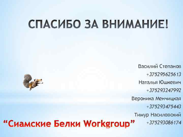 Василий Степанов +375295625613 Наталья Юшкевич +375293247992 Вероника Менчицкая +375293475443 Тимур Насиловский +375293086174 