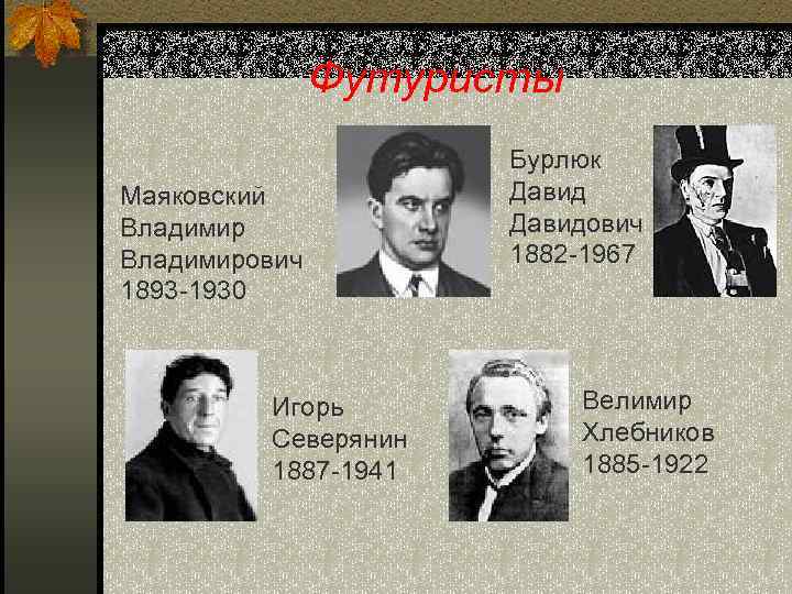Футуристы Маяковский Владимирович 1893 -1930 Игорь Северянин 1887 -1941 Бурлюк Давидович 1882 -1967 Велимир