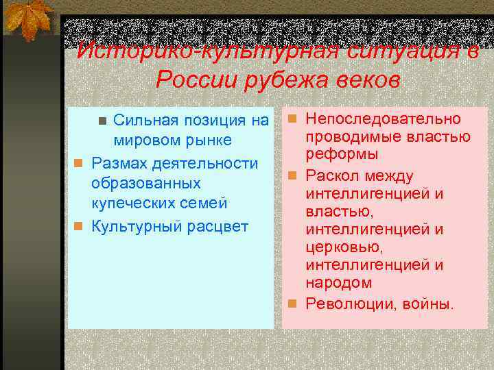 Историко-культурная ситуация в России рубежа веков Сильная позиция на мировом рынке n Размах деятельности