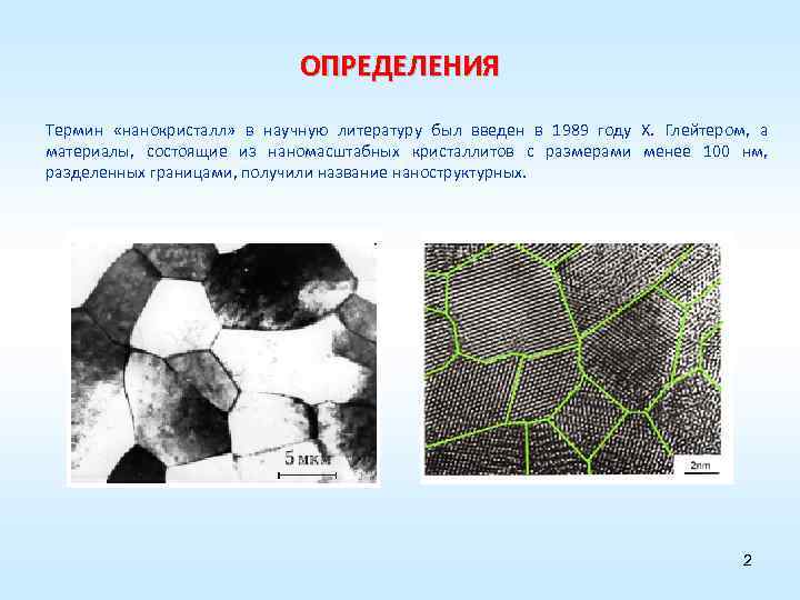 ОПРЕДЕЛЕНИЯ Термин «нанокристалл» в научную литературу был введен в 1989 году Х. Глейтером, а