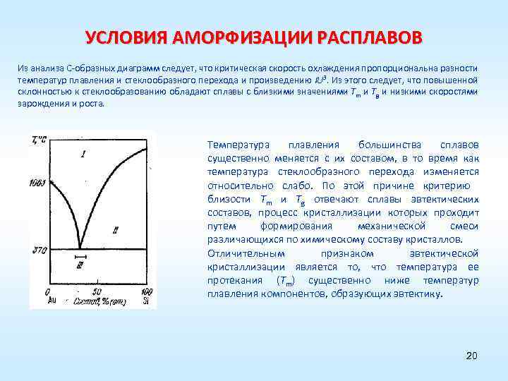 УСЛОВИЯ АМОРФИЗАЦИИ РАСПЛАВОВ Из анализа С-образных диаграмм следует, что критическая скорость охлаждения пропорциональна разности