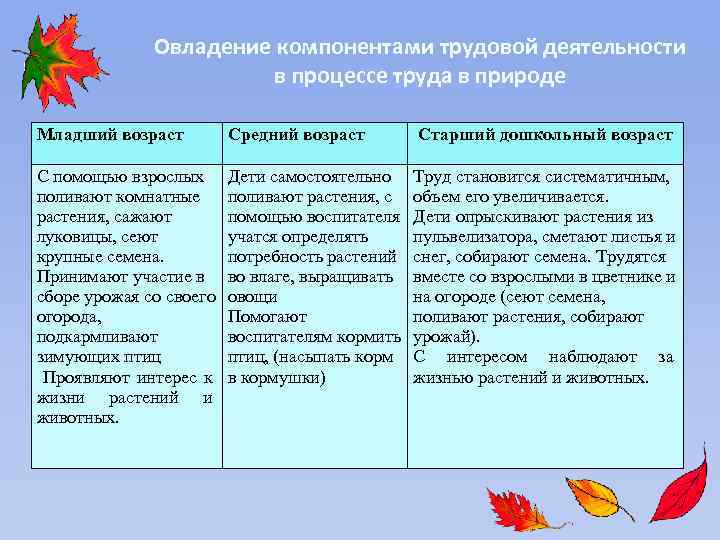 Овладение компонентами трудовой деятельности в процессе труда в природе Младший возраст Средний возраст Старший
