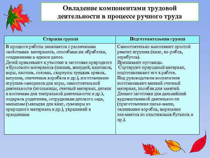 Овладение компонентами трудовой деятельности в процессе ручного труда Старшая группа В процессе работы знакомятся