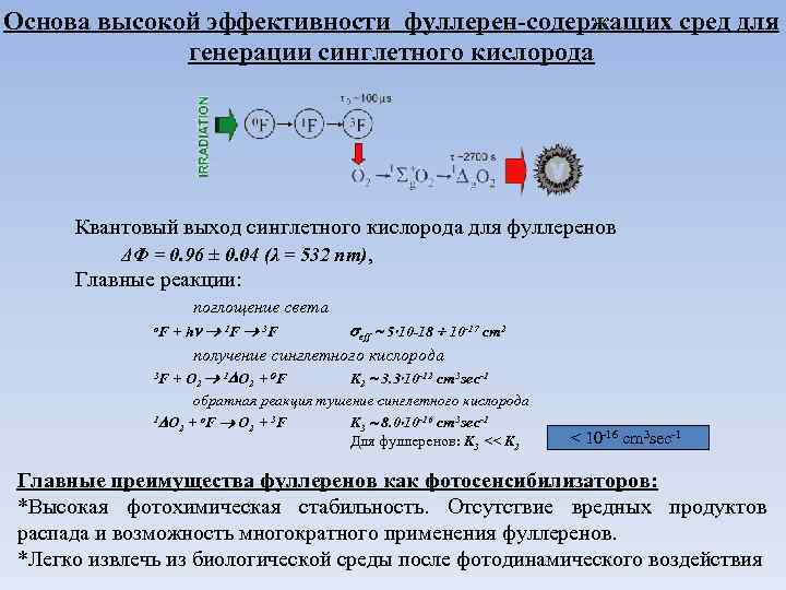 Основа высокой эффективности фуллерен-содержащих сред для генерации синглетного кислорода Квантовый выход синглетного кислорода для