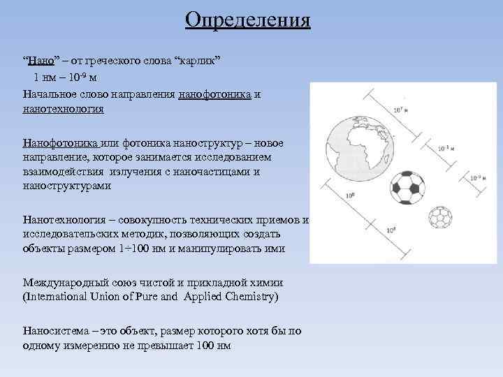 Определения “Нано” – от греческого слова “карлик” 1 нм – 10 -9 м Начальное