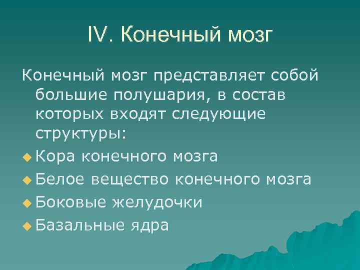 IV. Конечный мозг представляет собой большие полушария, в состав которых входят следующие структуры: u
