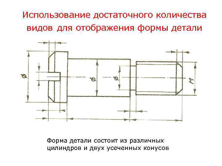 Использование достаточного количества видов для отображения формы детали Форма детали состоит из различных цилиндров