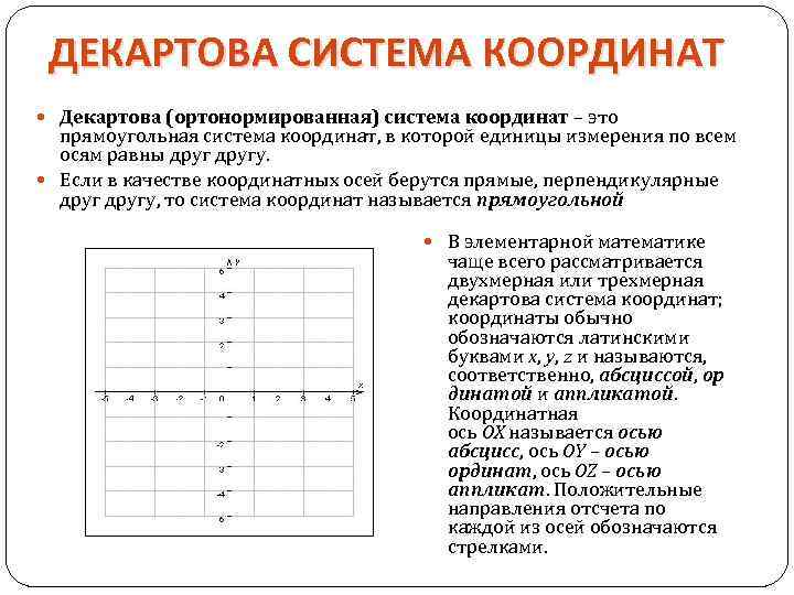 ДЕКАРТОВА СИСТЕМА КООРДИНАТ Декартова (ортонормированная) система координат – это прямоугольная система координат, в которой