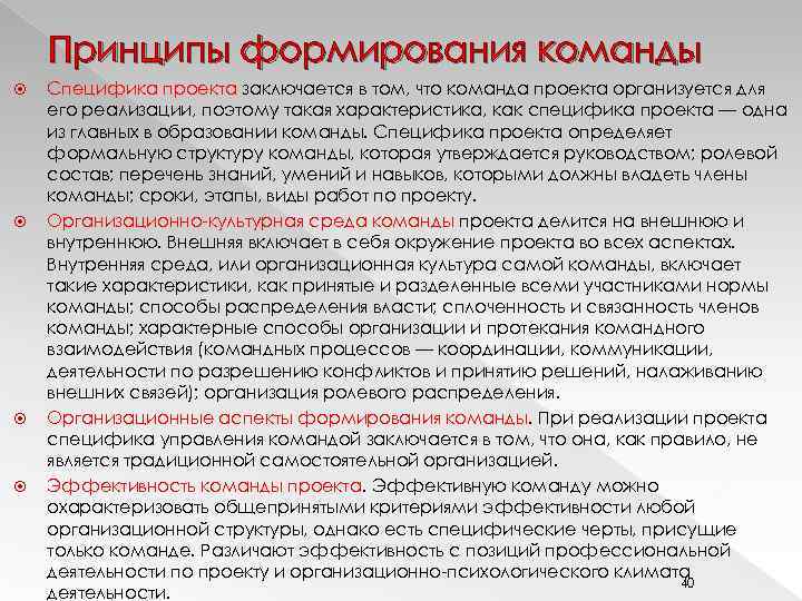 Принципы формирования команды Специфика проекта заключается в том, что команда проекта организуется для его