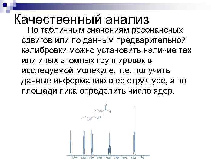 Качественный анализ По табличным значениям резонансных сдвигов или по данным предварительной калибровки можно установить