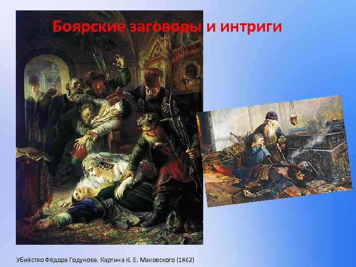 Боярские заговоры и интриги Убийство Фёдора Годунова. Картина К. Е. Маковского (1862) 