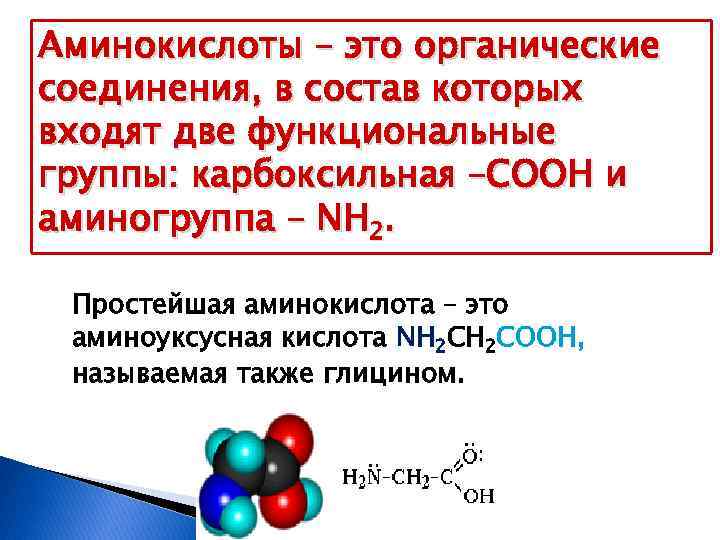 Аминокислоты – это органические соединения, в состав которых входят две функциональные группы: карбоксильная –COOH