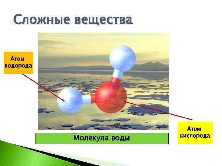 Сложные вещества Атом водорода Молекула воды Атом кислорода 