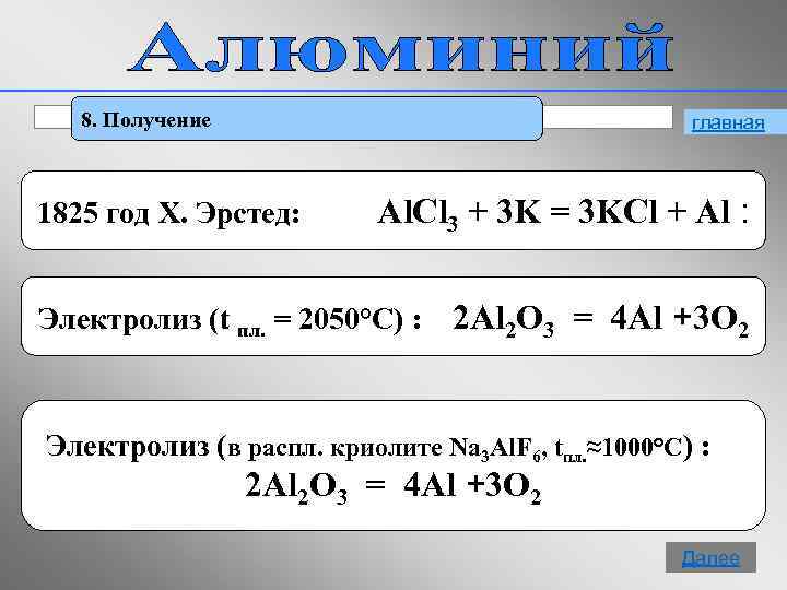 8. Получение главная 1825 год Х. Эрстед: Al. Cl 3 + 3 K =