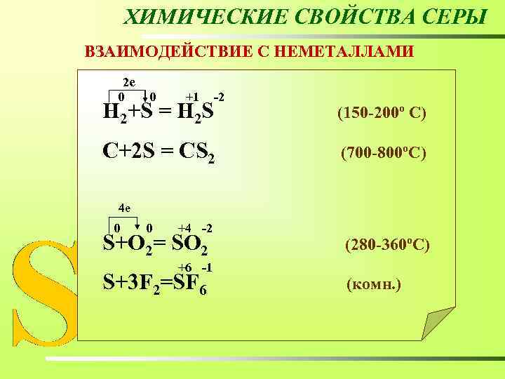 ХИМИЧЕСКИЕ СВОЙСТВА СЕРЫ ВЗАИМОДЕЙСТВИЕ С НЕМЕТАЛЛАМИ 2 е 0 0 +1 -2 Н 2+S