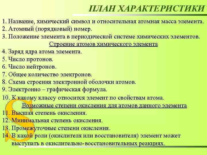 ПЛАН ХАРАКТЕРИСТИКИ 1. Название, химический символ и относительная атомная масса элемента. 2. Атомный (порядковый)