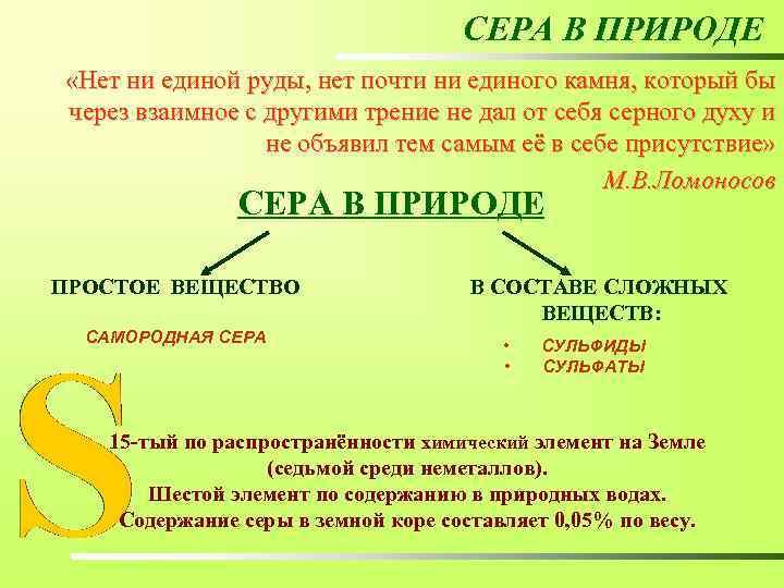 СЕРА В ПРИРОДЕ «Нет ни единой руды, нет почти ни единого камня, который бы