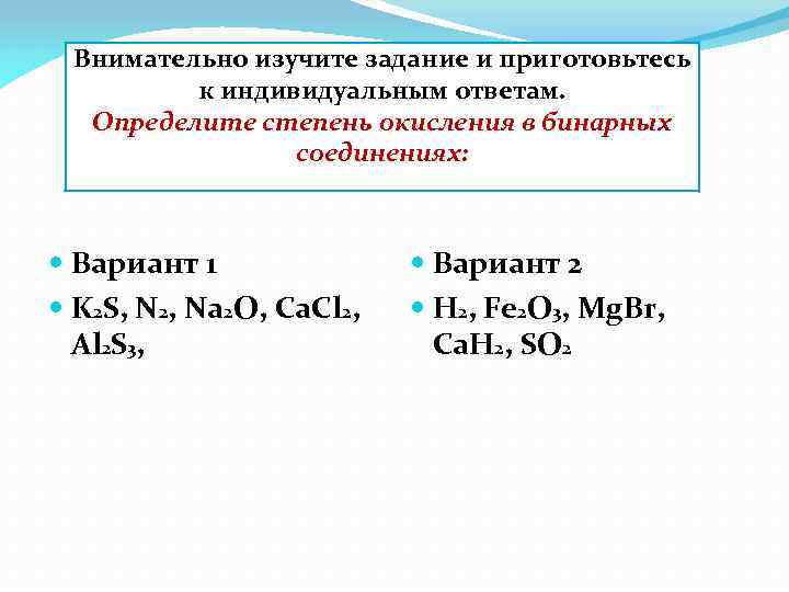 Внимательно изучите задание и приготовьтесь к индивидуальным ответам. Определите степень окисления в бинарных Степень