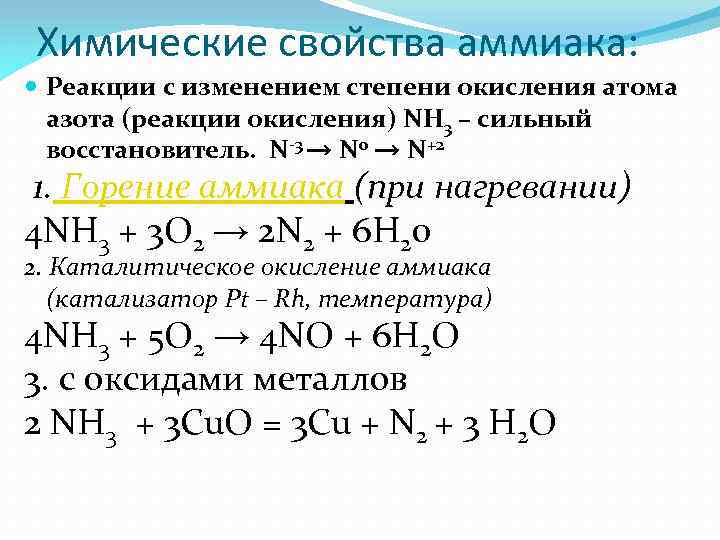 Химические свойства аммиака: Реакции с изменением степени окисления атома азота (реакции окисления) NH 3