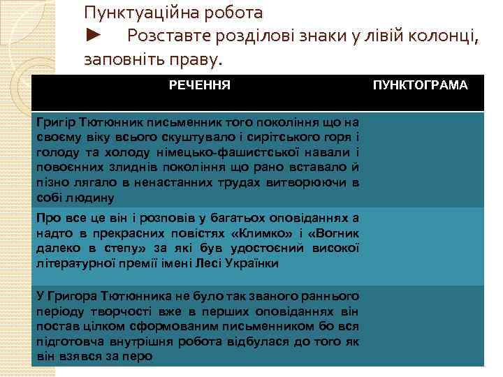 Пунктуаційна робота ► Розставте розділові знаки у лівій колонці, заповніть праву. РЕЧЕННЯ Григір Тютюнник