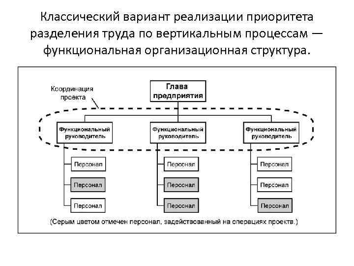 Классический вариант реализации приоритета разделения труда по вертикальным процессам — функциональная организационная структура. 