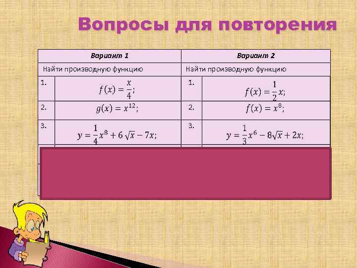 Вопросы для повторения Вариант 1 Найти производную функцию Вариант 2 Найти производную функцию 1.