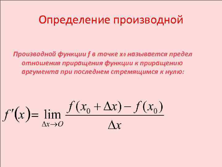 Определение производной Производной функции f в точке х0 называется предел отношения приращения функции к