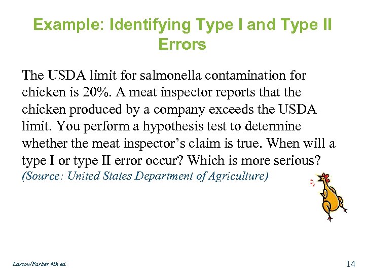 Example: Identifying Type I and Type II Errors The USDA limit for salmonella contamination