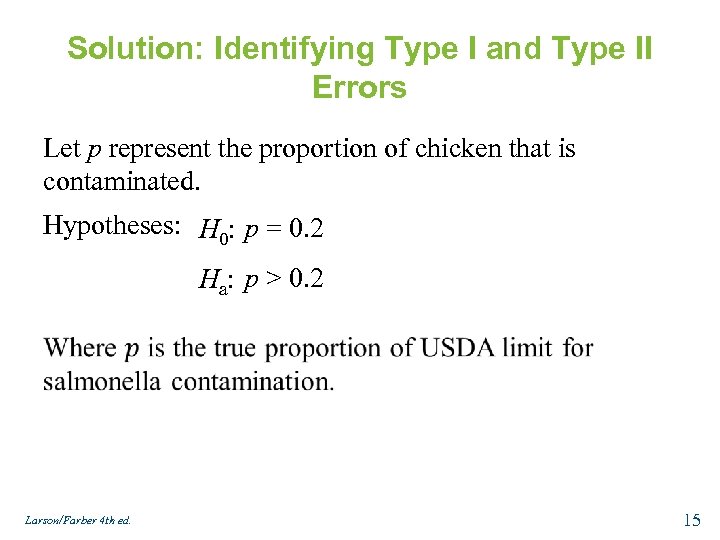 Solution: Identifying Type I and Type II Errors Let p represent the proportion of