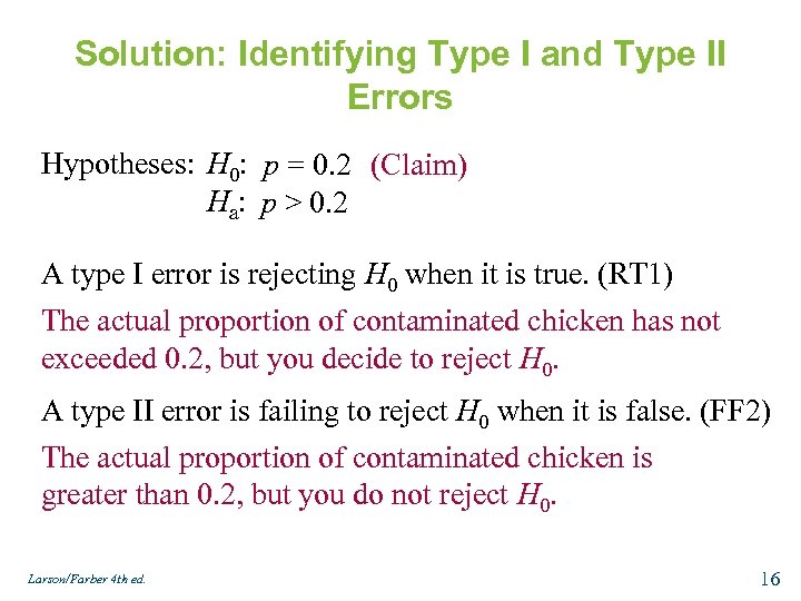 Solution: Identifying Type I and Type II Errors Hypotheses: H 0: p = 0.