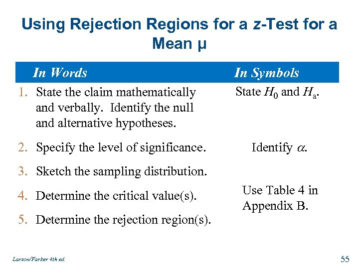 Using Rejection Regions for a z-Test for a Mean μ In Words In Symbols