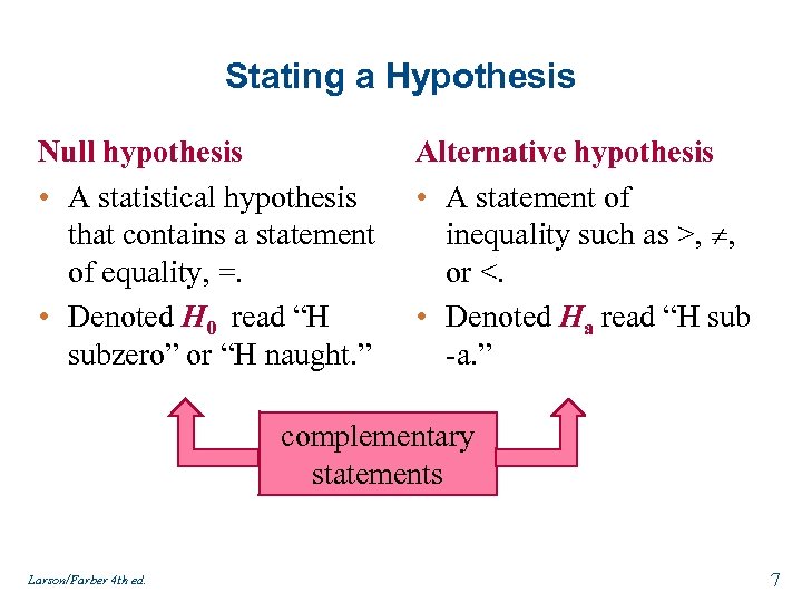 Stating a Hypothesis Null hypothesis • A statistical hypothesis that contains a statement of