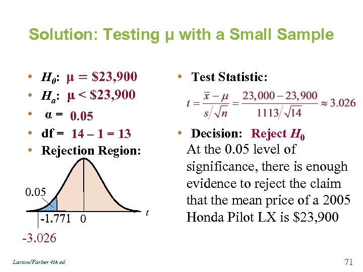 Solution: Testing μ with a Small Sample • • • H 0: Ha: μ