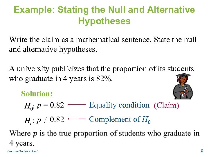 Example: Stating the Null and Alternative Hypotheses Write the claim as a mathematical sentence.