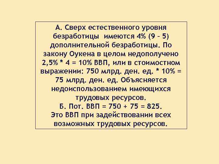 А. Сверх естественного уровня безработицы имеются 4% (9 – 5) дополнительной безработицы. По закону