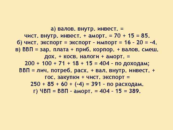а) валов. внутр. инвест. = чист. внутр. инвест. + аморт. = 70 + 15