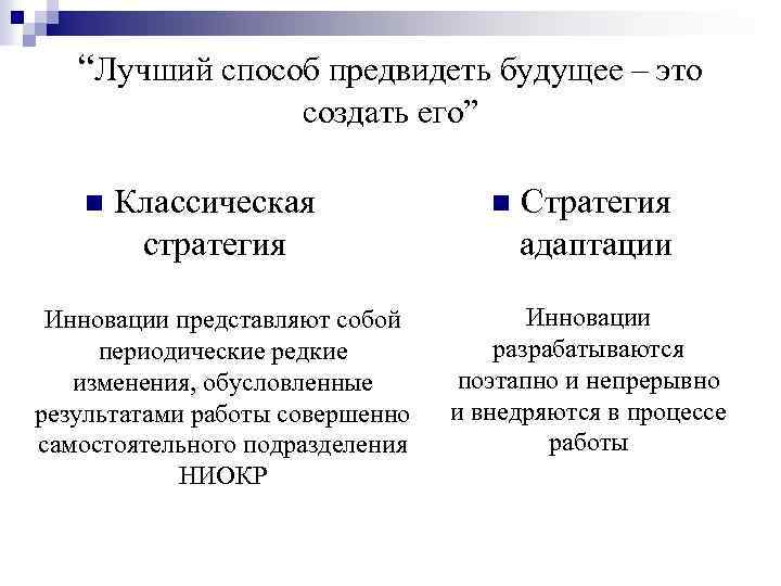 “Лучший способ предвидеть будущее – это создать его” n Классическая стратегия Инновации представляют собой
