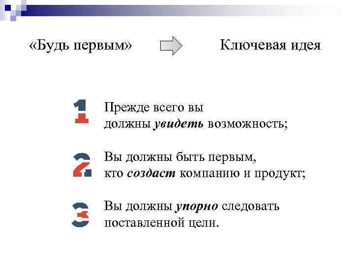  «Будь первым» Ключевая идея Прежде всего вы должны увидеть возможность; Вы должны быть