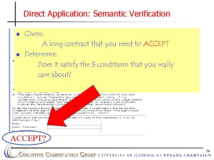 Direct Application: Semantic Verification n n Given: A long contract that you need to