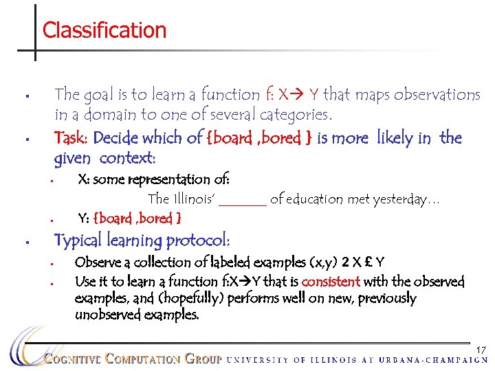 Classification The goal is to learn a function f: X Y that maps observations