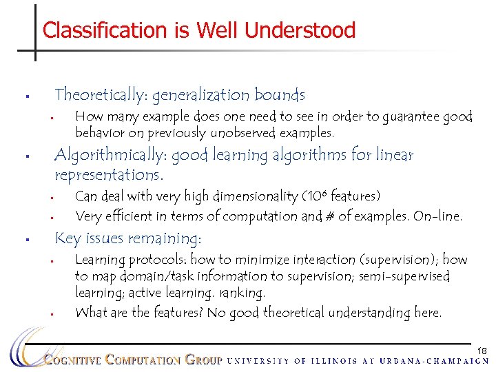 Classification is Well Understood Theoretically: generalization bounds § § How many example does one